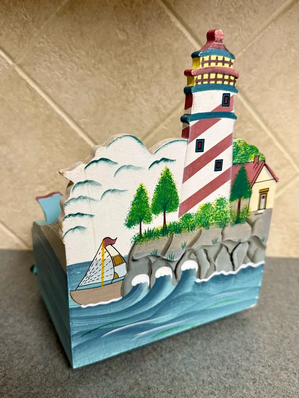 Vintage Hand-Painted Lighthouse Wooden Coastal Stationary Organizer